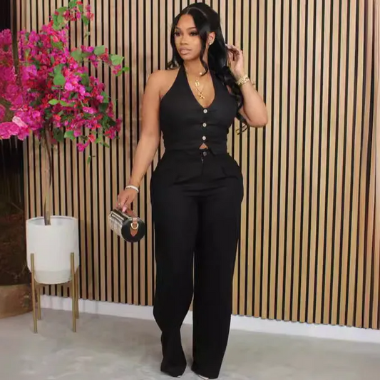 Women Fashion Solid Color Deep V Halter Neck Sleeveless Top Pants Two-Piece Set