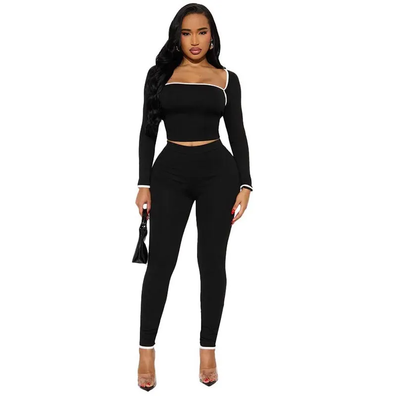 Women Autumn And Winter Solid Color Stitching Contrast Long-Sleeved Top Slim-Fit Trousers Set