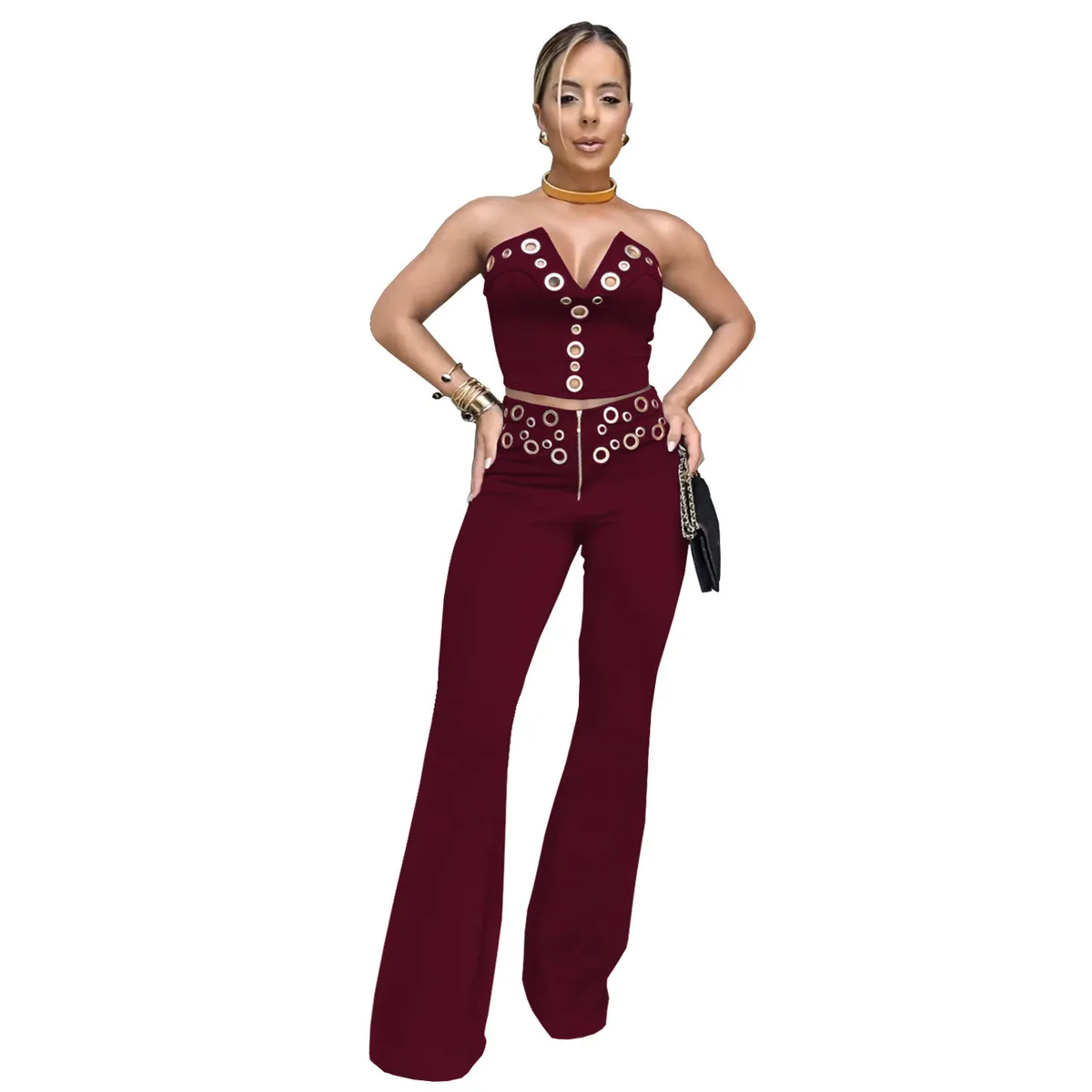 Wholesale Women Fashion Sexy Metal Buckle V-Neck Tube Top Slim Fit Pants Two-Piece Set