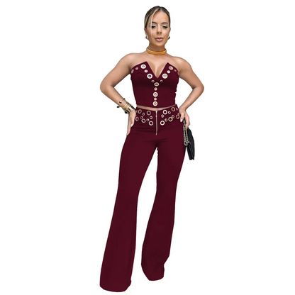 Wholesale Women Fashion Sexy Metal Buckle V-Neck Tube Top Slim Fit Pants Two-Piece Set