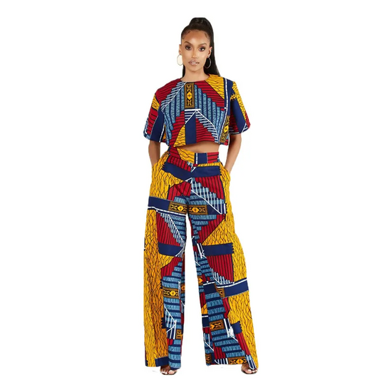 Women Fashion Casual Geometric Printed Short-Sleeve T-Shirt Wide-Leg Pants Two-Piece