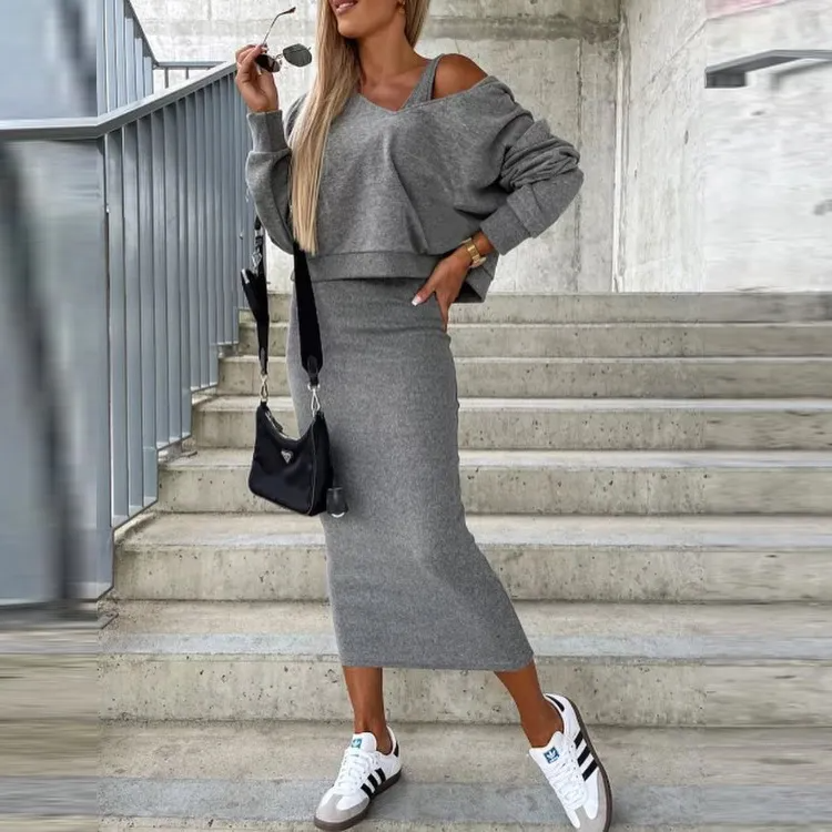 Autumn Winter Women Casual Solid Color Sleeveless Sling Dress Hoodie Two-Piece Se