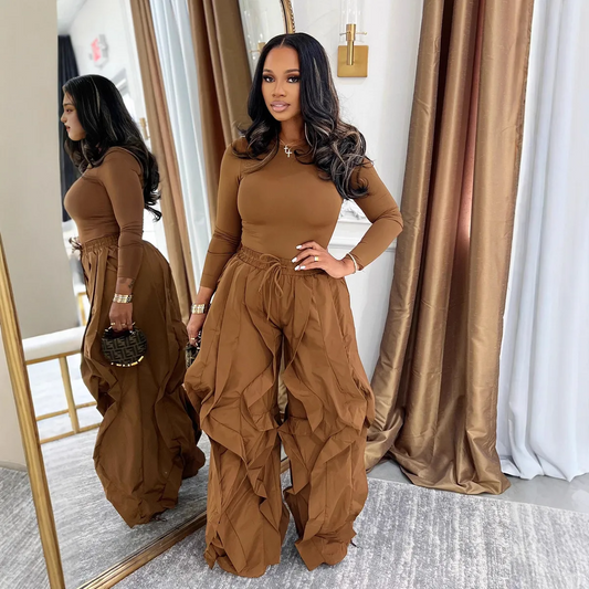 Women Fashion Solid Color Long Sleeve Top And Ruffled Stitching Wide Leg Pants Two-Piece Set