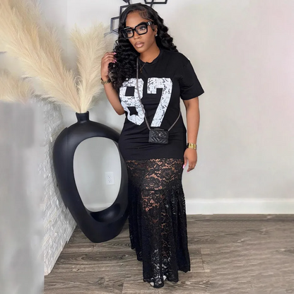 Women Fashion Sexy Lace Splicing Letter Print Round-Neck Short-Sleeve Loose Dress