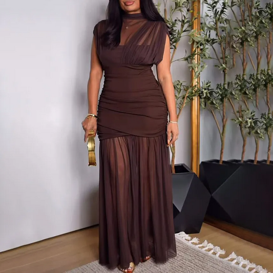 Women Fashion Sexy Solid Color Silk Mesh Stitching Sleeveless Double-Layer Pleated Slim-Fit Dress