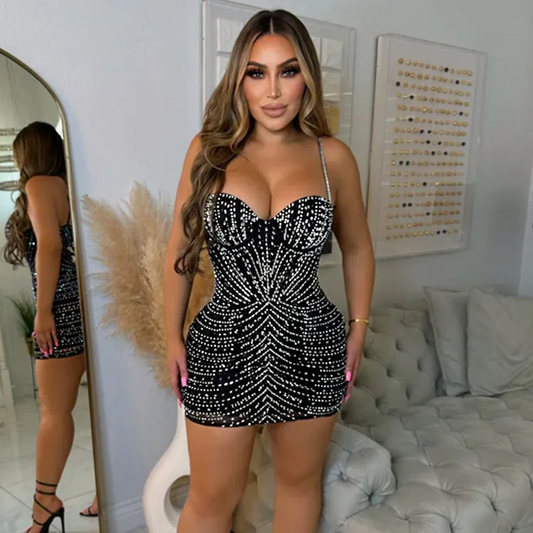 Women Fashion Sexy Mesh Rhinestone Spaghetti Strap Dress