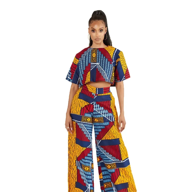 Women Fashion Casual Geometric Printed Short-Sleeve T-Shirt Wide-Leg Pants Two-Piece