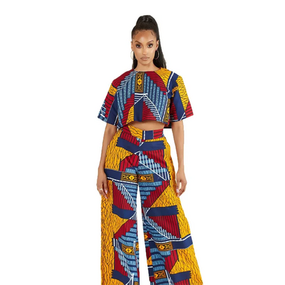 Women Fashion Casual Geometric Printed Short-Sleeve T-Shirt Wide-Leg Pants Two-Piece