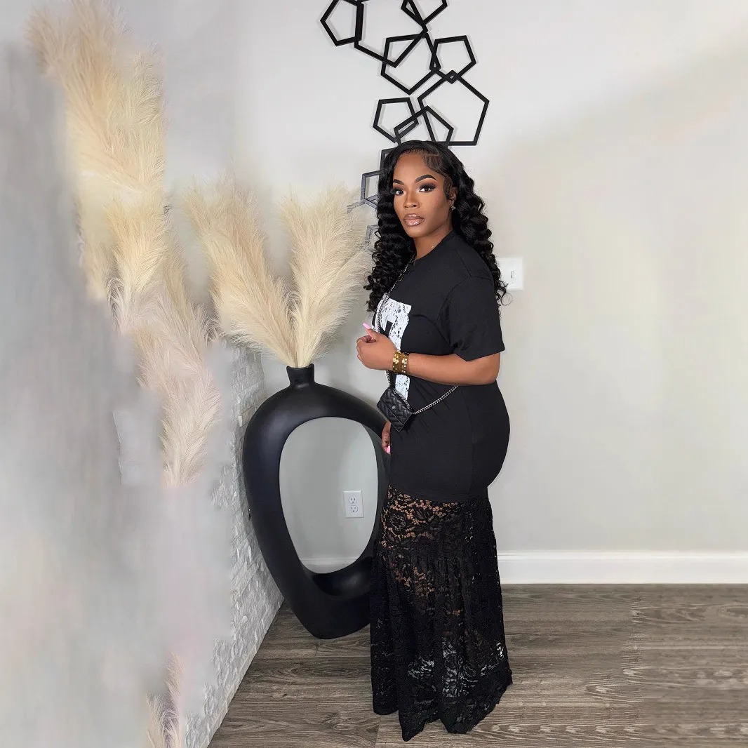 Women Fashion Sexy Lace Splicing Letter Print Round-Neck Short-Sleeve Loose Dress