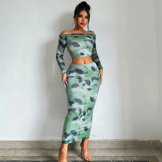Autumn And Winter Fashion Long Sleeve Tie Dye Off-Shoulder Crop Top Slim Tight Skirt Set