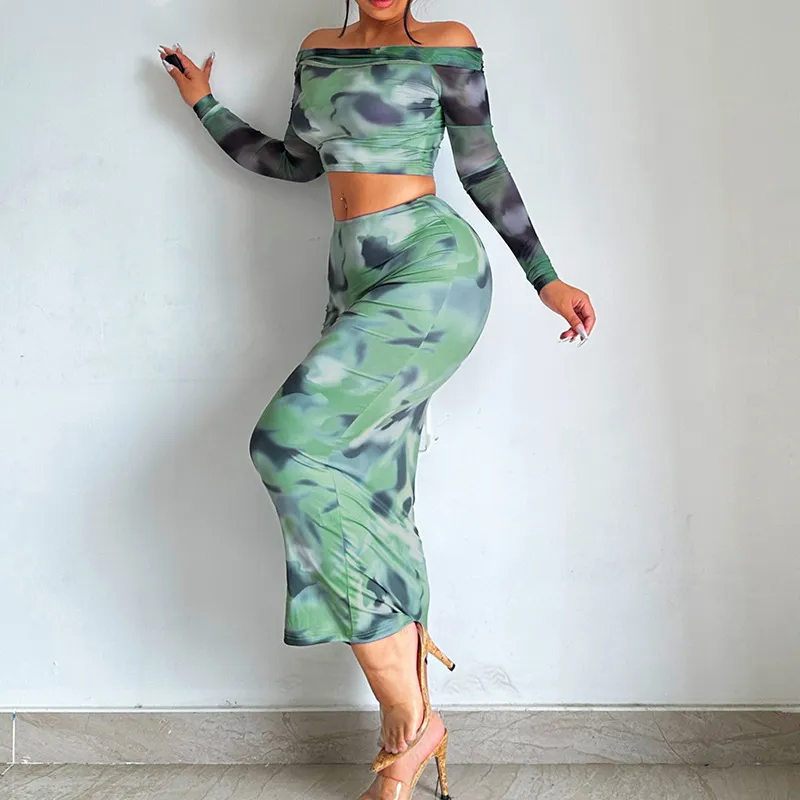 Autumn And Winter Fashion Long Sleeve Tie Dye Off-Shoulder Crop Top Slim Tight Skirt Set